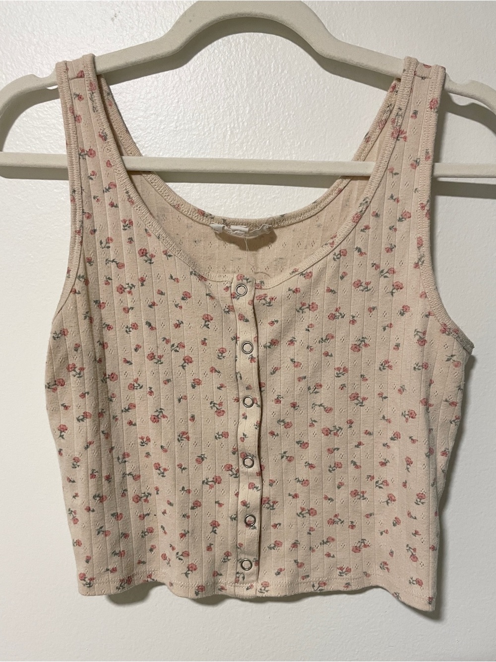 Ribbed Floral Tank Top Cream with Pink Flowers Boho Romantic Feminine Festival